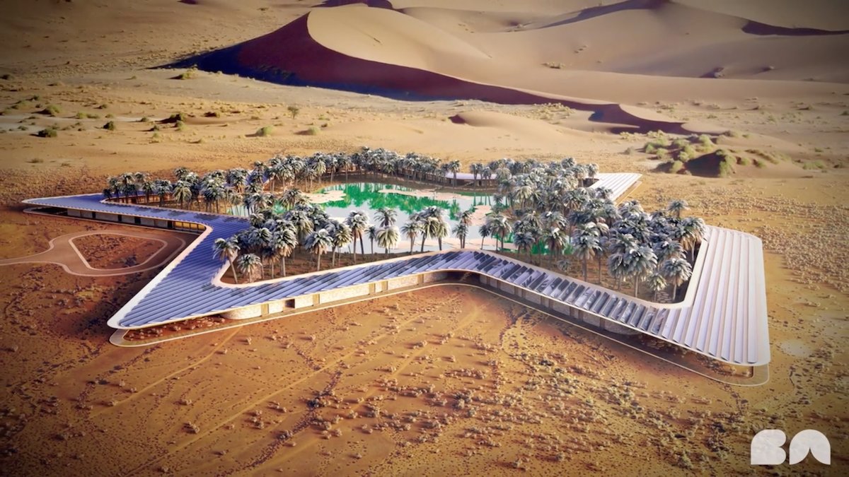Kiến trúc hình ngôi sao giữa sa mạc với cây và nước trong xanh ở giữa tượng trưng cho mùa xuân tươi mát.